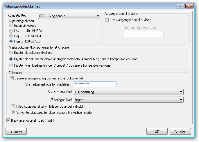 Adgangskodesikkerhed - dialogboks