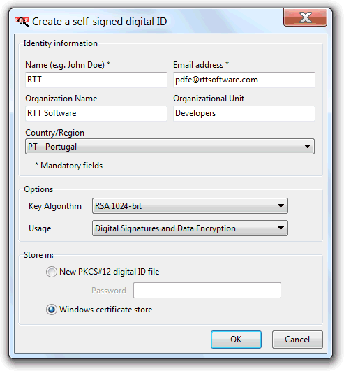 Create a self-signed digital ID tool screenshot