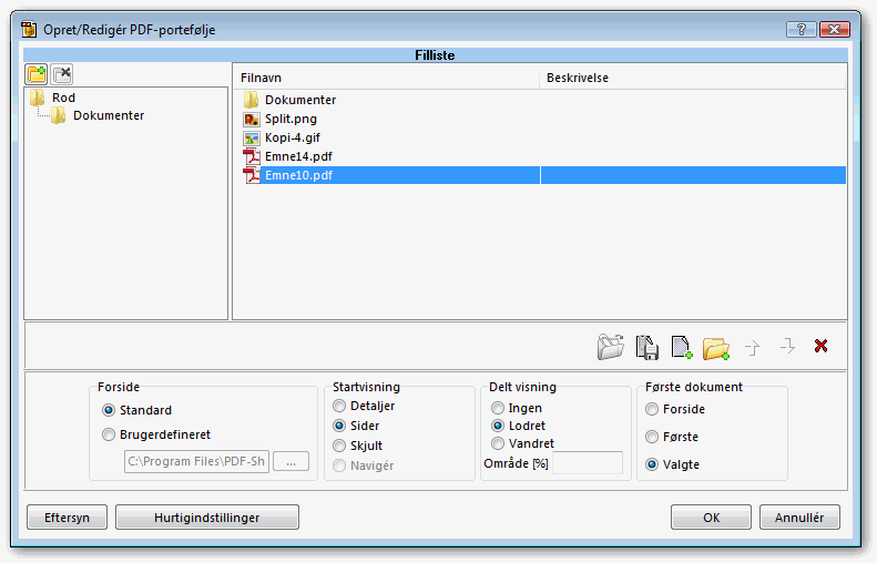 Opret/Redigr PDF-porteflje - dialogboks