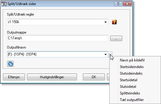 Split/Udtrk - dialogboks