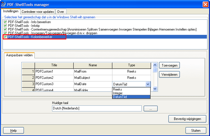 Column and Property Handlers custom fields settings dialog screenshot