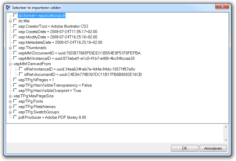 Import XMP fields dialog