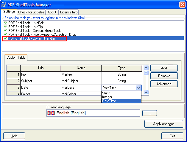 Column and Property Handlers custom fields settings dialog screenshot