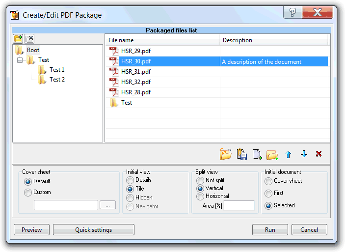 Create/Edit PDF packages screenshot