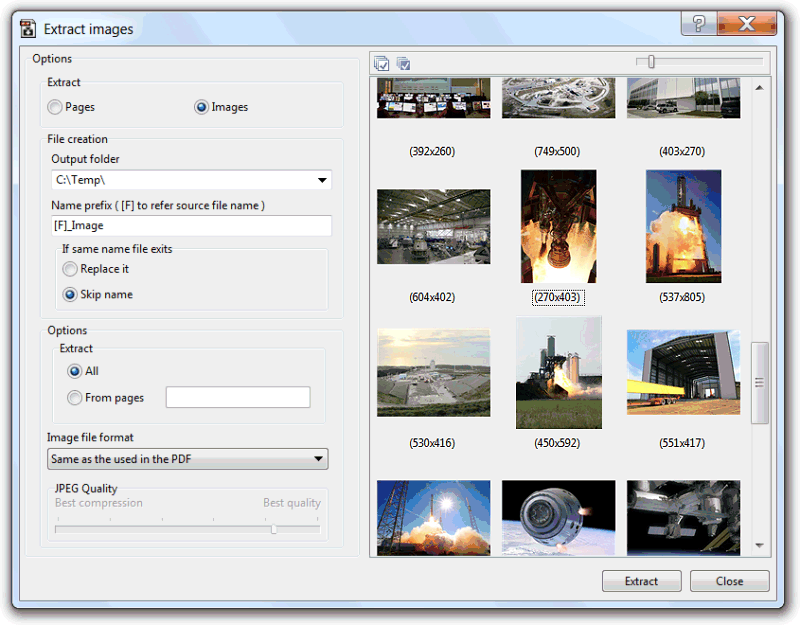 Extract images tool screenshot