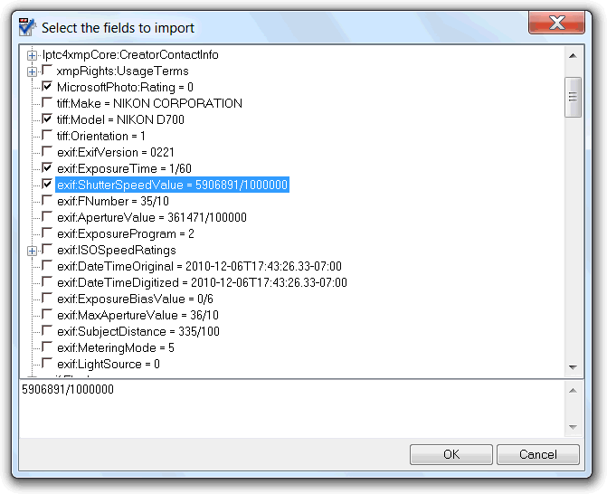 Import XMP fields dialog