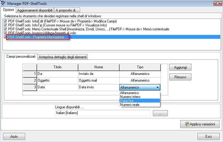 Column and Property Handlers custom fields settings dialog screenshot