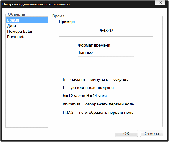 Скриншот настроек динамического текста