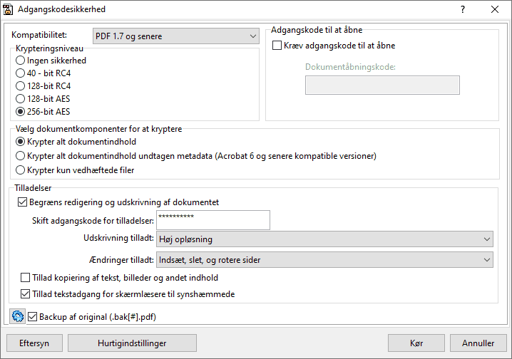 Adgangskodesikkerhed - dialogboks