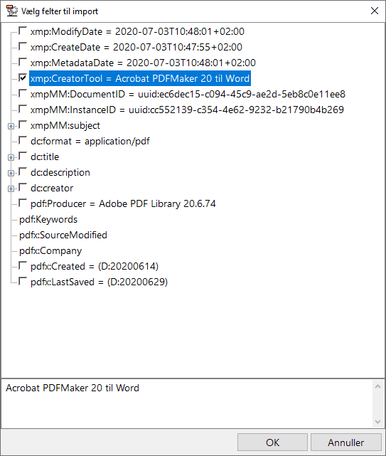 Import XMP-felter - dialogboks
